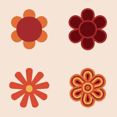 70s Retro Flower Clipart Elements Vector Design, vector design in orange, yellow and red