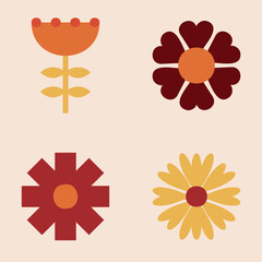 70s Retro Flower Clipart Elements Vector Design, vector design in orange, yellow and red