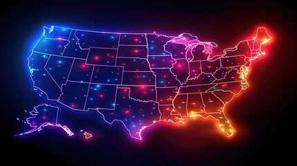 Obraz premium A neon-lit map of the USA with bright and illuminated states, creating a stunning and modern depiction of the nation's geography and prominent areas.
