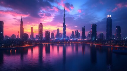 Fototapeta premium The Dubai skyline glows at sunset, mirrored beautifully in calm waters.