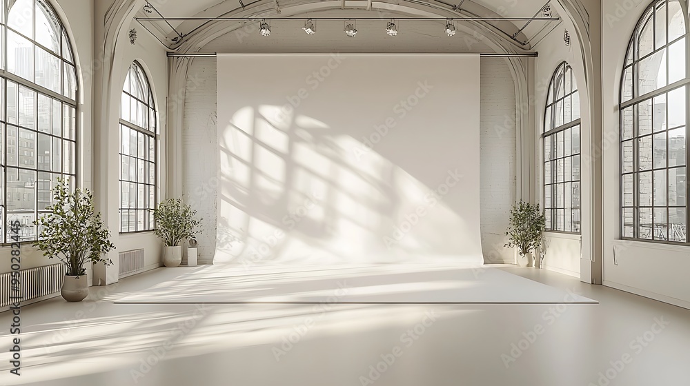 Poster sunbeams illuminate a white studio room with large windows, creating a serene space.