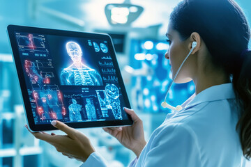 A doctor carefully examines medical data displayed on a digital tablet screen in a high-tech medical facility, illustrating the integration of advanced technology in modern healthcare.