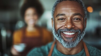 A joyful man with a grey beard and apron smiles warmly in a coffee shop, representing warmth, customer service, and the happiness found in communal spaces like cafés.