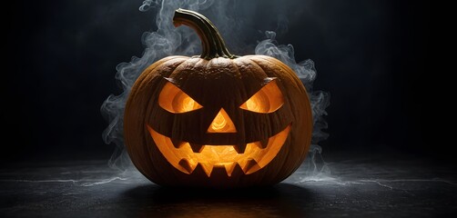 Jack-o'-Lantern with Evil Grin in a Spooky Halloween Setting