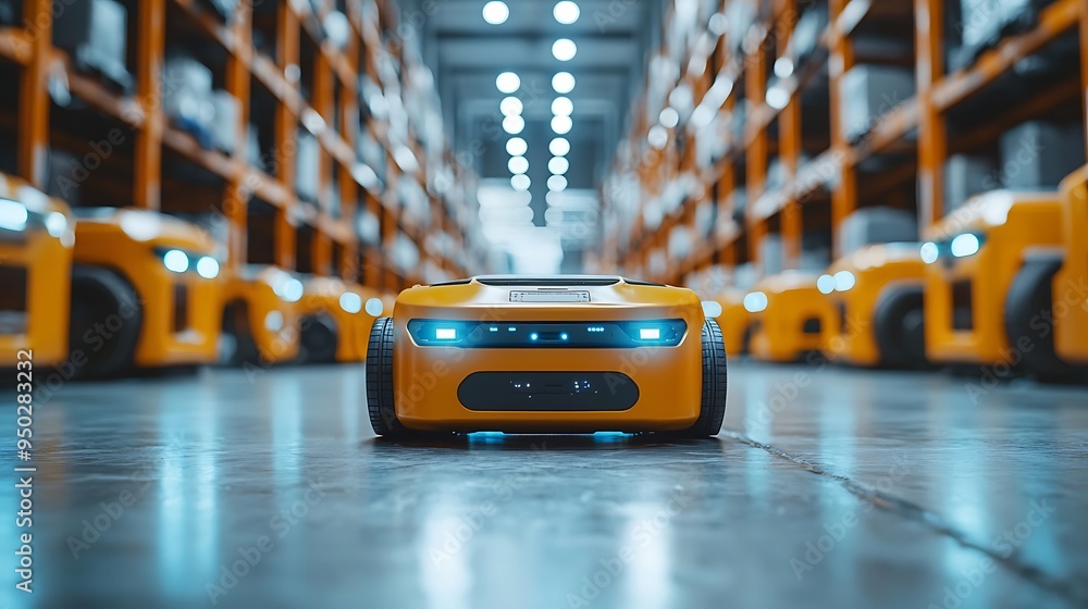 Poster an autonomous robot vehicle moves efficiently through a bustling warehouse environment.
