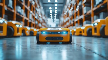 An autonomous robot vehicle moves efficiently through a bustling warehouse environment.