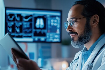 A doctor in a white lab coat and stethoscope is reviewing health data on a digital tablet, with lung images and various medical statistics displayed on a screen in the background.