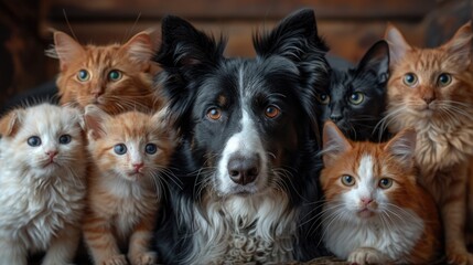 A heartwarming image of a dog lying down, surrounded by numerous kittens of various fur colors, all appearing calm and content, enhancing the beauty of their diversity.
