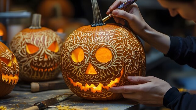 A close-up of hands carefully carving a pumpkin with intricate patterns as other finished jack-o-lanterns sit on the table