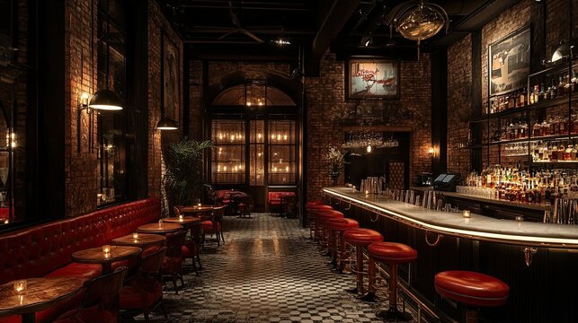 A smoky, dimly lit speakeasy bar with a selection of classic cocktails served in vintage glassware, creating a nostalgic and mysterious atmosphere.
