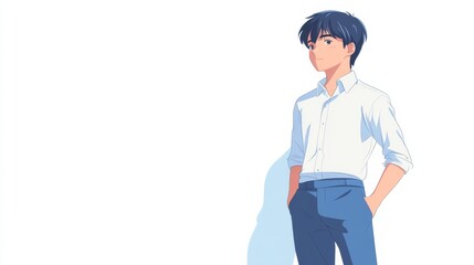 Anime-Inspired Character in Early 20s Wearing Blue Trousers and White Shirt on solid background with copy space 