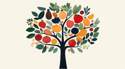 Longevity tree with branches of different nutritious foods, flat design illustration