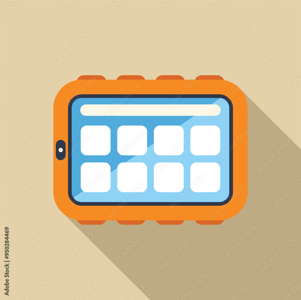 Poster orange tablet computer displaying a grid of blank app icons on a pale brown desktop