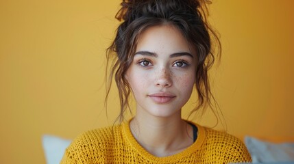 A portrait of a freckled woman wearing a yellow sweater, standing against a bright yellow wall, displaying a simple yet vibrant scene highlighting her fresh and youthful appearance.