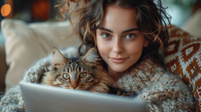 A smiling woman snuggled up with her tabby cat under a cozy white blanket, enjoying a serene and joyful moment, embodying warmth, affection, and companionship.