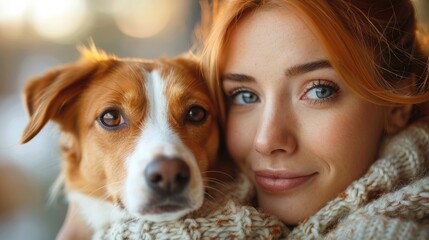 A red-haired woman smiles warmly as she hugs her dog, both wrapped in cozy knitwear, bathed in soft focus light, capturing a tender moment of affection and companionship.