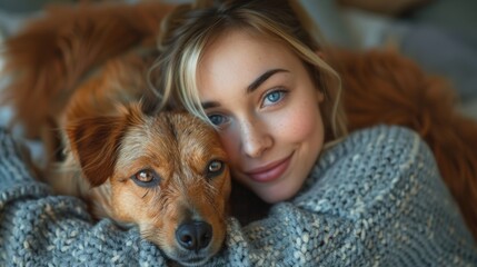 A woman with blue eyes and a warm smile snuggles closely with her dog on a cozy bed setup, exuding a feeling of comfort, warmth, and relaxed companionship in a homey environment.