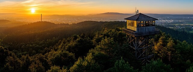 A wooden watchtower atop an old forest in the mountains, a drone's-eye view with mountains and a flat valley behind it. Aerial photography, a telephoto lens on a sunny day.