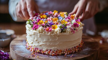 A baker decorating a cake with colorful frosting, sprinkles, and edible flowers, showcasing their creativity and skill.