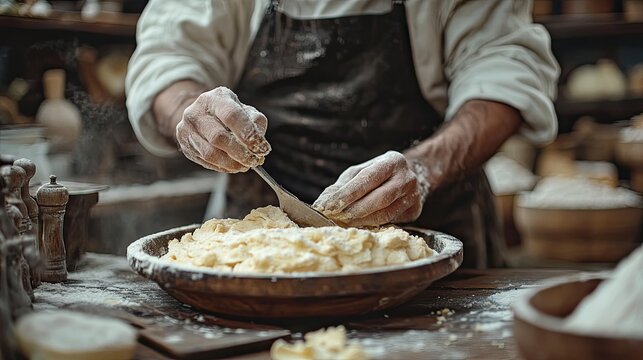 A vintage kitchen scene with a baker using traditional tools and techniques to prepare a classic pastry recipe.