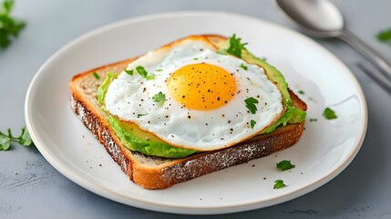 Whole grain toast topped with mashed avocado and a poached egg, brain-boosting breakfast, nutrient-packed and delicious minimalist realistic