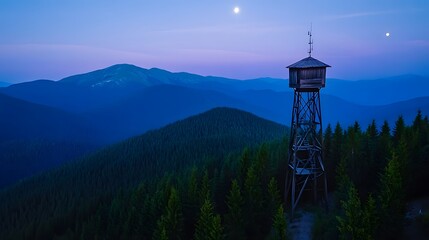 A wooden watchtower atop an old forest in the mountains, a drone's-eye view with mountains and a flat valley behind it. Aerial photography, a telephoto lens on a sunny day.