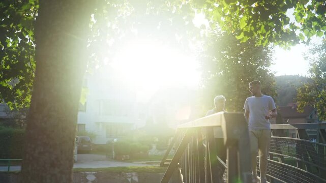 Physiotherapist Consulting Client in Nature. Senior Woman and Young Man Strolling Together. Mother and Son Crossing Pedestrian Bridge at Sunset. Concept of explaining, rehabilitation, mentor, advice