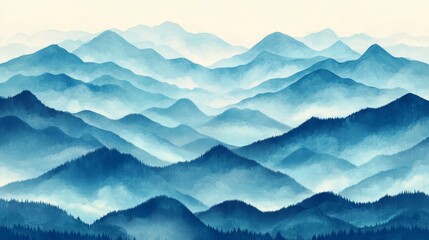 Blue Mountains Watercolor Landscape  Foggy Forest  Artistic Nature  Misty Peaks  Abstract Nature Background