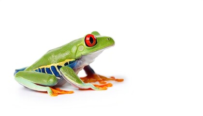 Obraz premium red eyed tree or leaf frog - Agalychnis callidryas - native to forests from Central and South America known for its bright green, blue, red and yellow colors. Isolated on white background