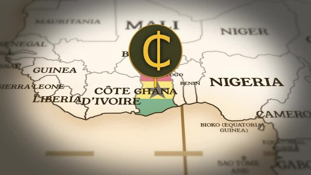 Ghanaian cedi currency sign showing on world map with 3D rendering