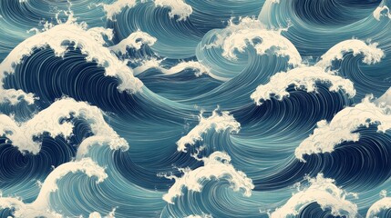 Abstract Ocean Wave Seamless Pattern Blue and White Japanese Art Style  Water Texture