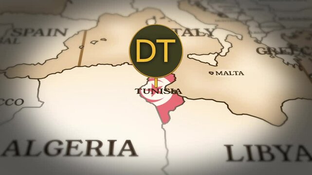 Tunisian dinar currency sign showing on world map with 3D rendering