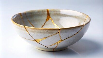 Close-up of cracked ceramic bowl repaired with gold using Kintsugi technique, Kintsugi, Japanese craft, mending