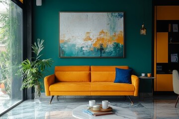 Modern Living Room with Orange Sofa and Abstract Art