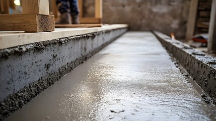 Obraz premium A close up view of freshly poured concrete being smoothed and leveled with a trowel inside a beam mold during a construction or industrial building project