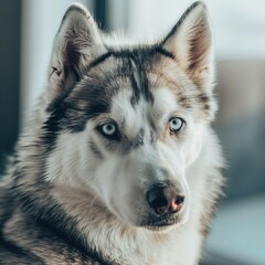 Fototapeta premium close up Siberian Husky with a serious, intense gaze, ears perked up and focused expression, softly blurred modern home background, bright, diffused creating a strong