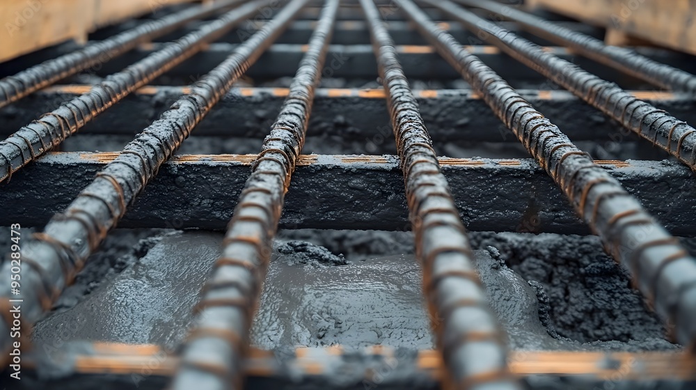 Poster Reinforcement bars and formwork structure inside a construction site ready for concrete pouring to create a strong and sturdy foundation for a new building or infrastructure project