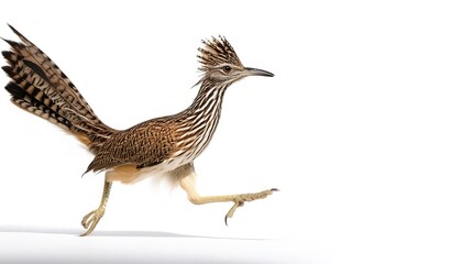 roadrunners - genus Geococcyx - aka chaparral birds or cocks, are species of brown colored fast running ground cuckoos with long tails and crests.  isolated on white background with copy space