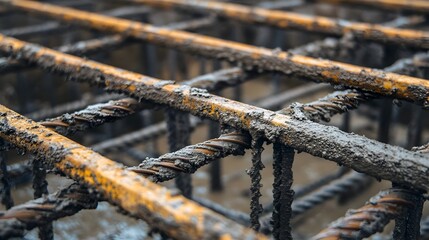 Reinforcement bars arranged inside a formwork structure before concrete is poured for a construction or building project  The steel mesh or grid pattern creates an industrial modern