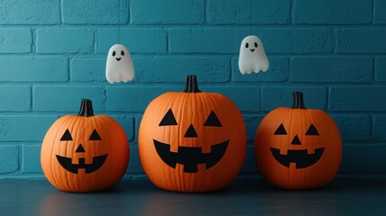 A group of astronauts celebrating Halloween in deep space, surrounded by floating ghost decorations and interstellar pumpkins