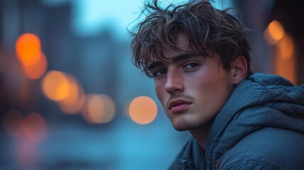 A young man with tousled brown hair looks intently at the camera