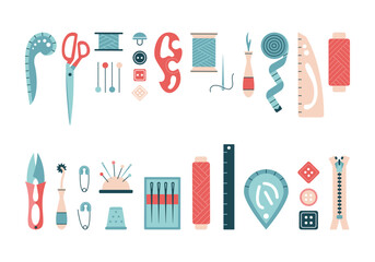 Sewing elements for sewing and needlecraft. Icons set. Tailoring tools, dressmaker equipment and needlework accessories. Threads, buttons, needle, scissors. Vector illustration