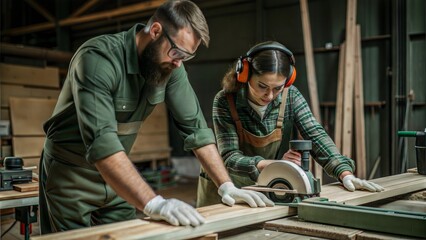  carpenters using circular saw in workshop