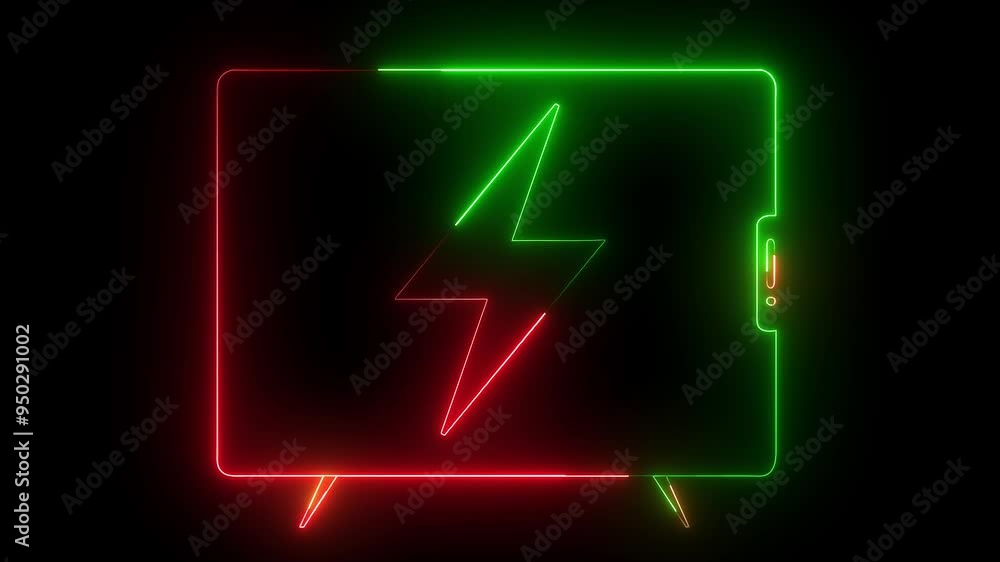 Poster lightning blinking bolt symbol neon glowing battery charging icon with mobile concept. neon battery 