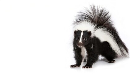 striped skunk - Mephitis mephitis - of live across much of North America possess highly developed musk filled scent glands to ward off predators. Isolated on white background with copy space