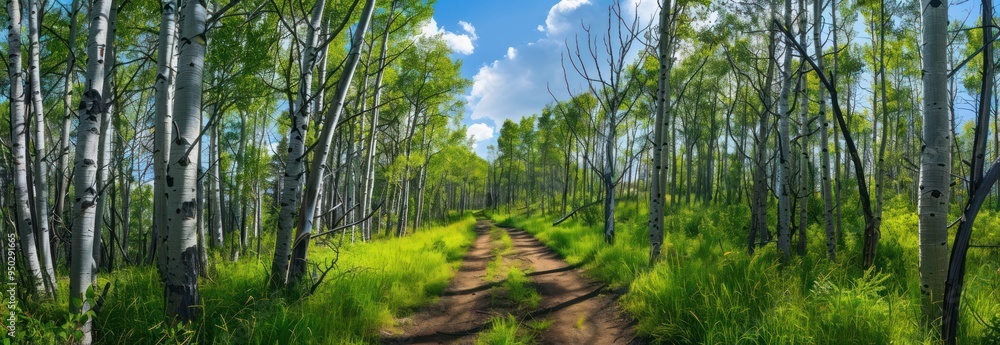 Sticker A Serene Path Through an Aspen Grove