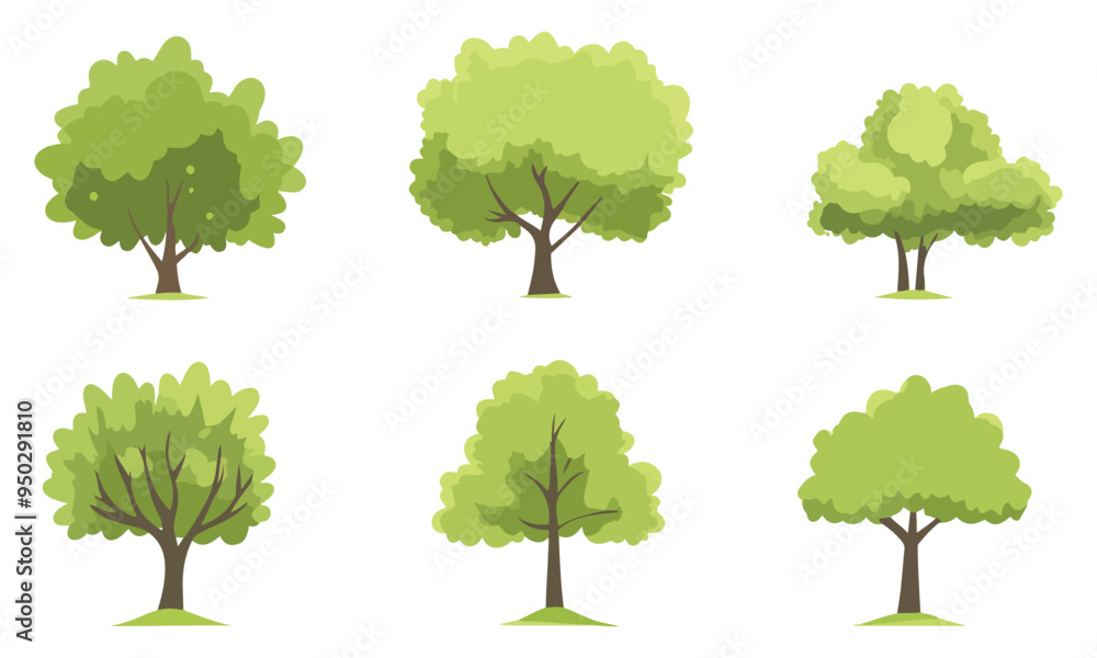 Poster collection of green painting trees , hand drawing set of graphics trees elements for architecture an