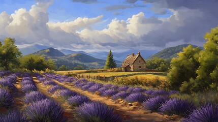 A peaceful countryside landscape with fields of lavender, a stone farmhouse in the distance, and rolling hills under a bright summer sky