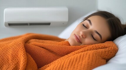 A woman sleeps peacefully in a cozy sweater under the cool air of an air conditioner