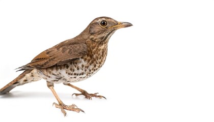 Naklejka premium wood thrush - Hylocichla mustelina - is a North American passerine bird medium sized thrush, with brown upper parts with mottled brown and white underparts isolated on white background with copy space